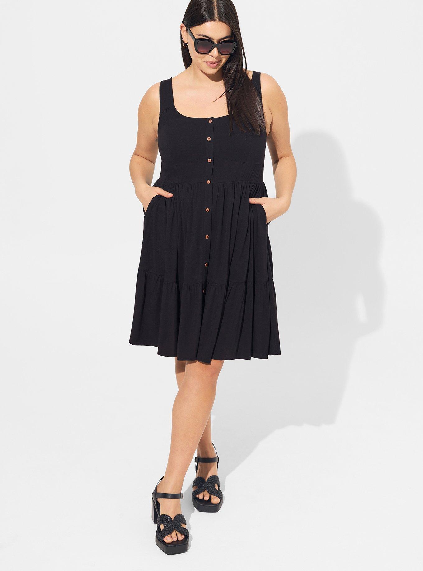 Plus Size Mini Rayon Slub Corset Fit N Flare Dress, DEEP BLACK, alternate
