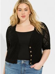 Pointelle Cardigan Button Front Cropped Sweater, DEEP BLACK, hi-res