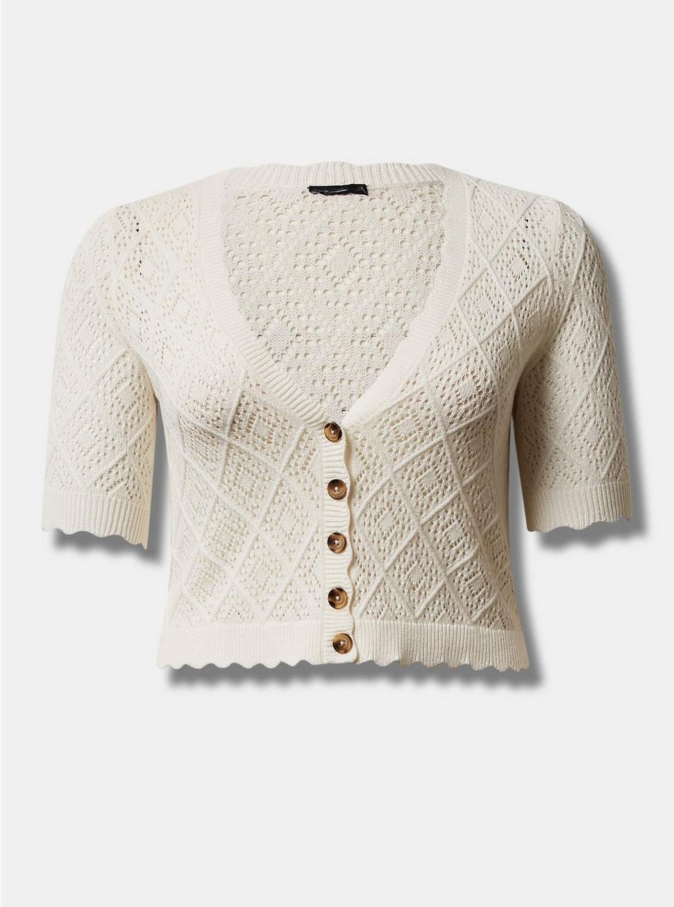 Pointelle Cardigan Button Front Cropped Sweater, PRISTINE, hi-res