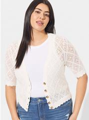 Pointelle Cardigan Button Front Cropped Sweater, PRISTINE, hi-res