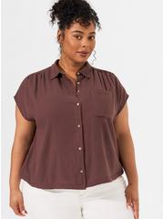 Plus Size Double Gauze Button Up Short Sleeve Shirt Top, PUCE, alternate