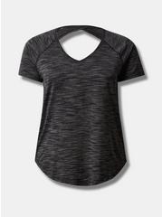 Plus Size Lyocell Jersey V Neck Open Back Short Sleeve Active Tee, BLACK WHITE SPACE DYE, hi-res