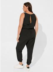 Plus Size Stretch Woven Active Full Length Jumpsuit With Surplice Back, DEEP BLACK, alternate