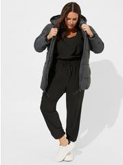 Stretch Woven Active Full Length Jumpsuit With Surplice Back, DEEP BLACK, alternate