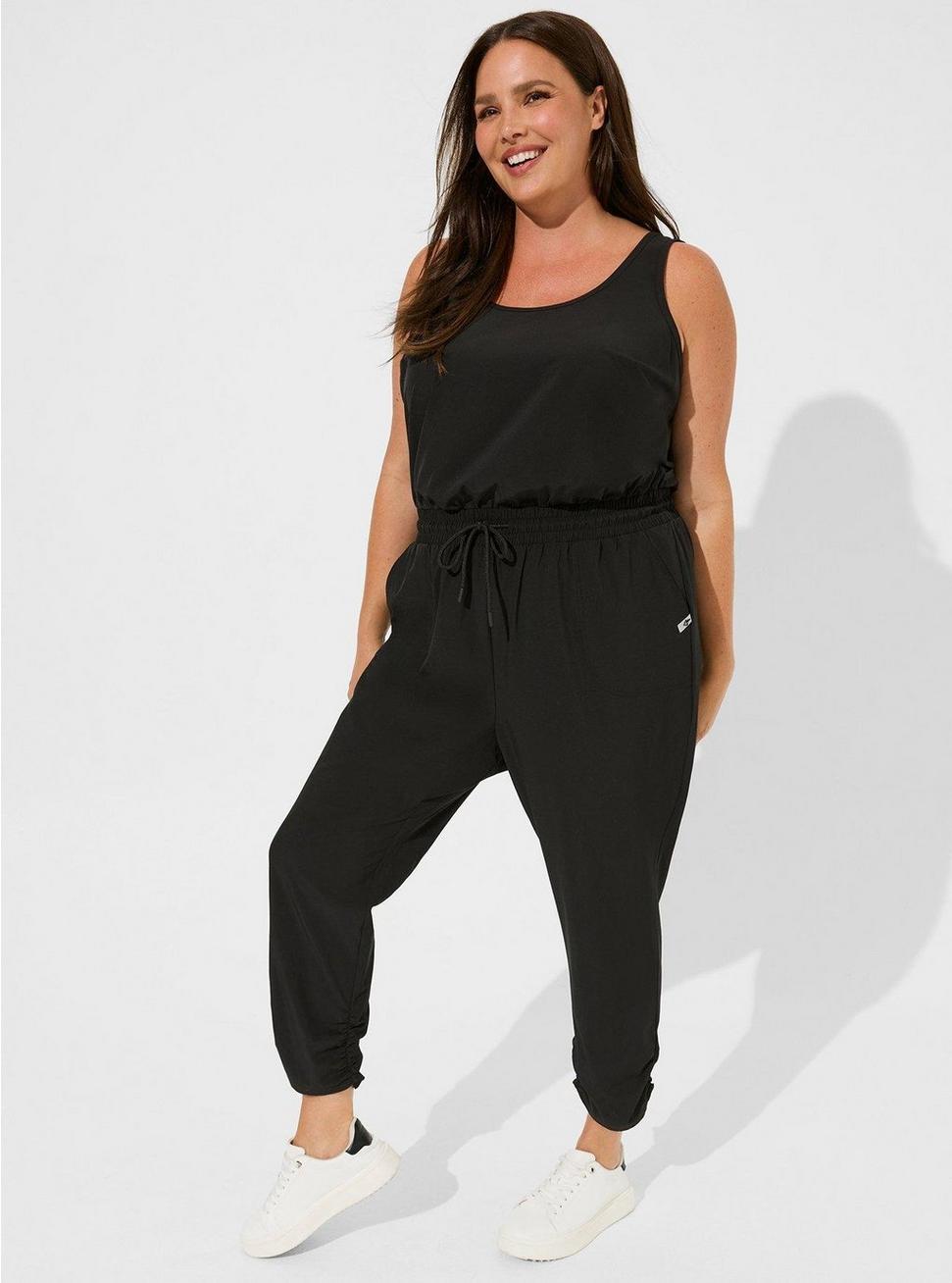 Stretch Woven Active Full Length Jumpsuit With Surplice Back, DEEP BLACK, hi-res