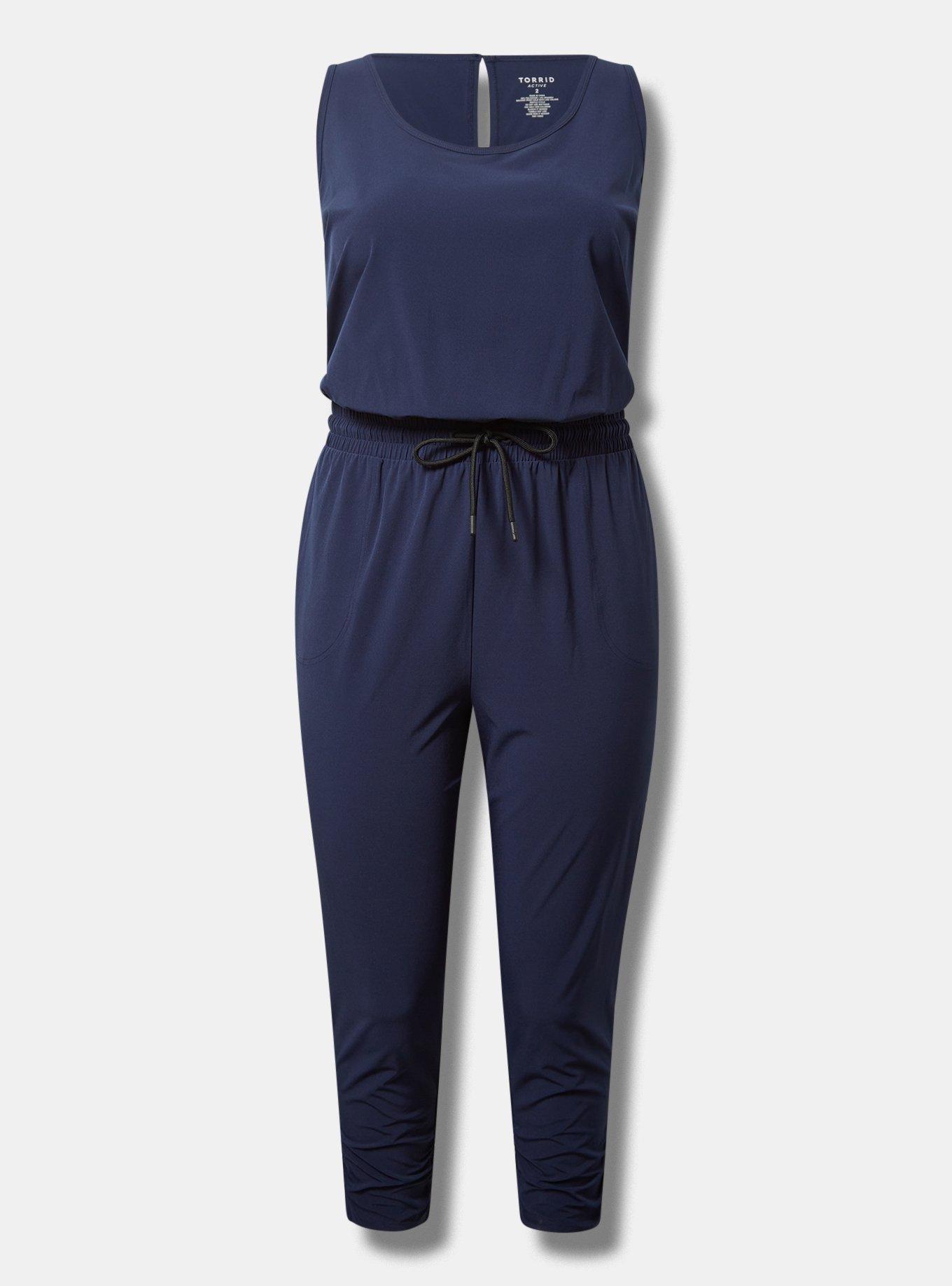 Stretch Woven Active Full Length Jumpsuit With Surplice Back, PEACOAT, hi-res