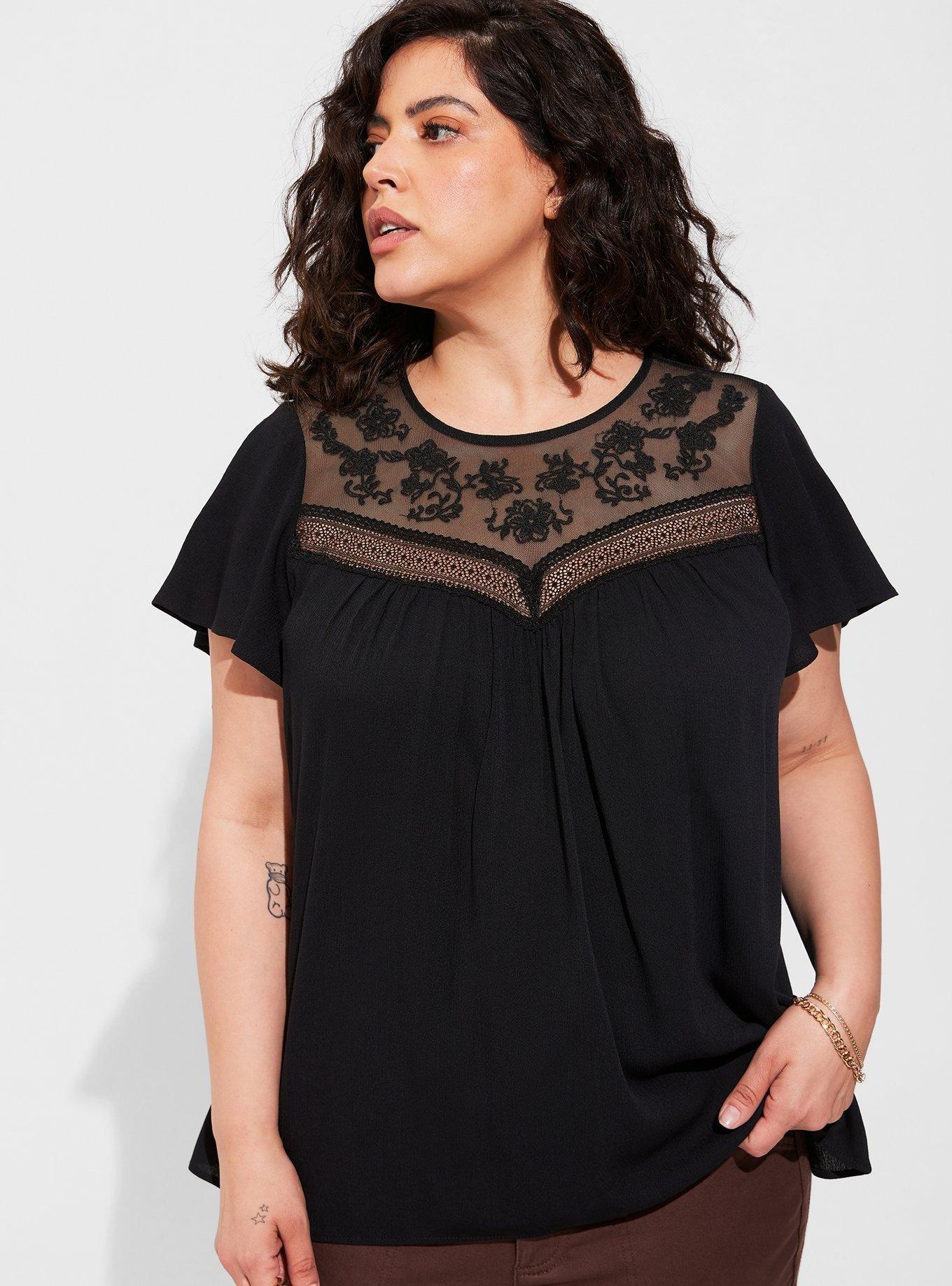 TORRID Washable Crinkle Gauze Flutter Sleeve Lace Mix Top