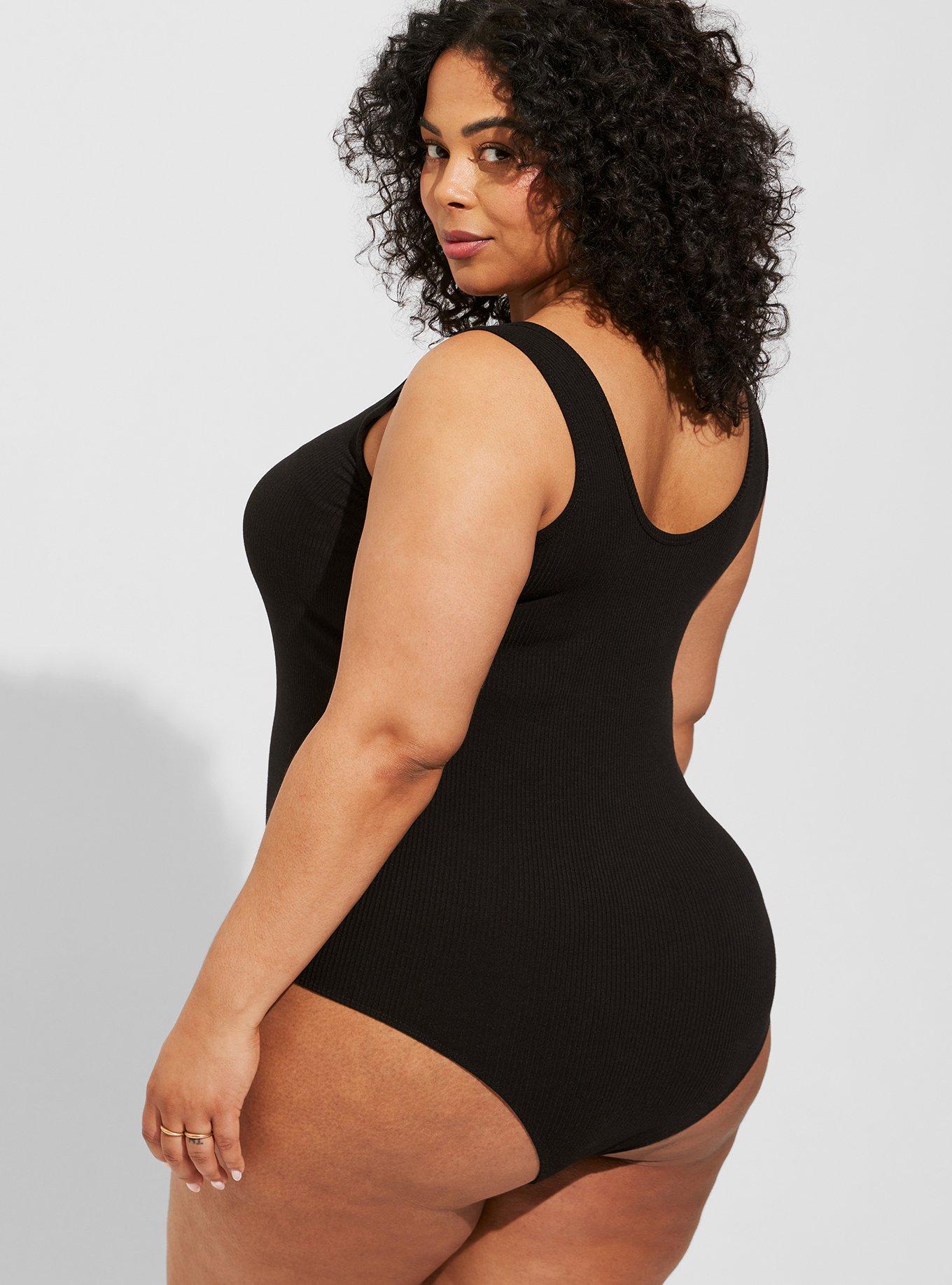 Plus Size Super Soft Rib Double Scoop Bodysuit , DEEP BLACK, alternate