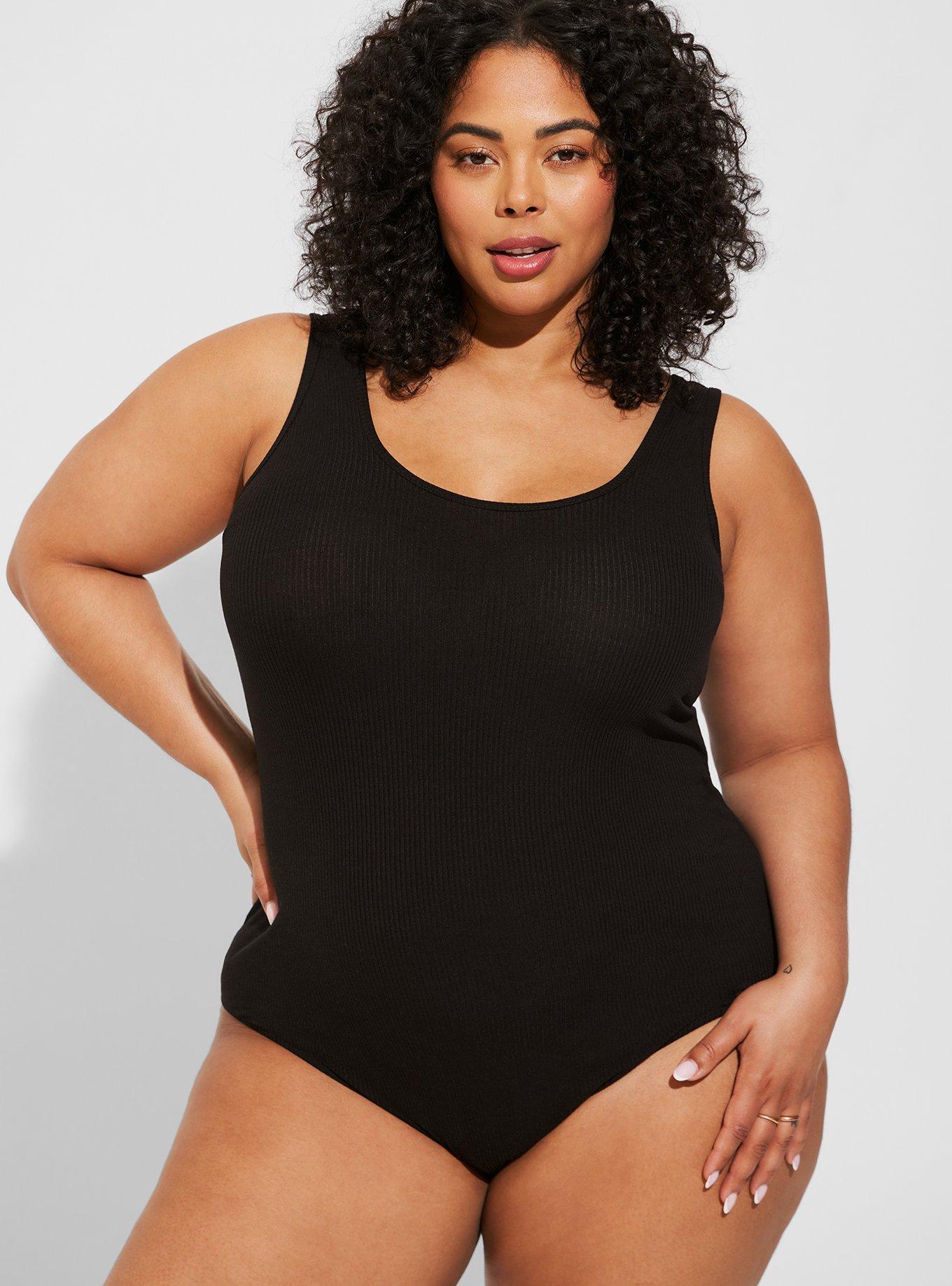 Plus Size Super Soft Rib Double Scoop Bodysuit , DEEP BLACK, hi-res