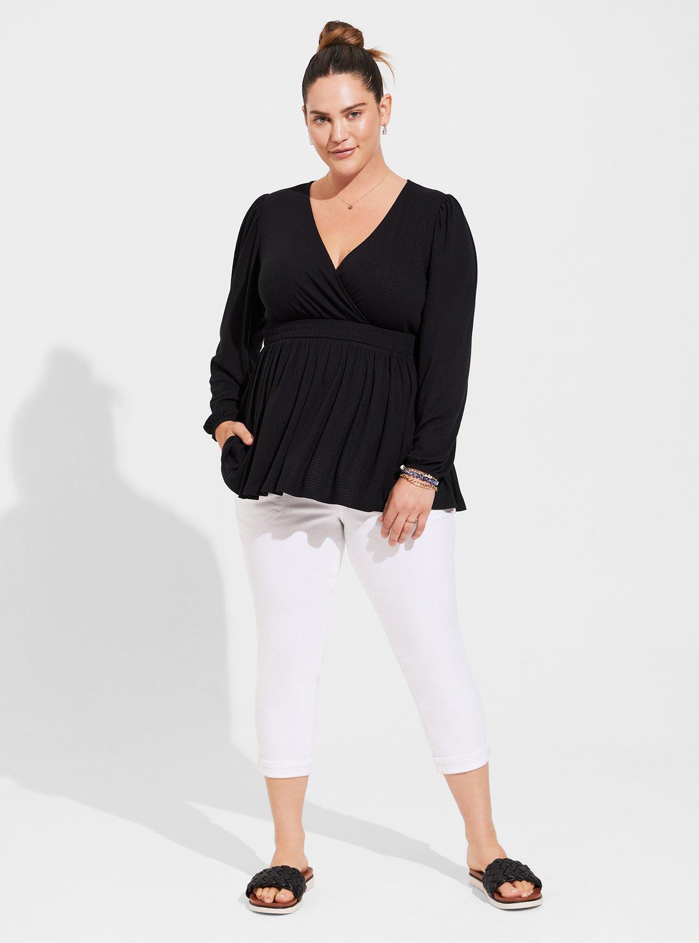 Plus Size - Textured Knit Surplice Puff Sleeve Babydoll Top - Torrid