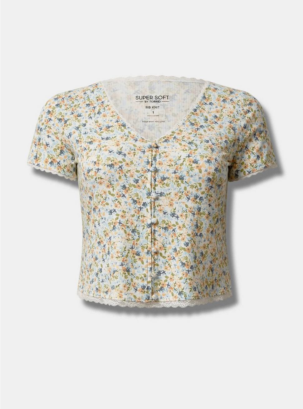 Fitted Supersoft Rib V-Neck Lace Trim Button Crop Tee, DITSY FLORAL, hi-res