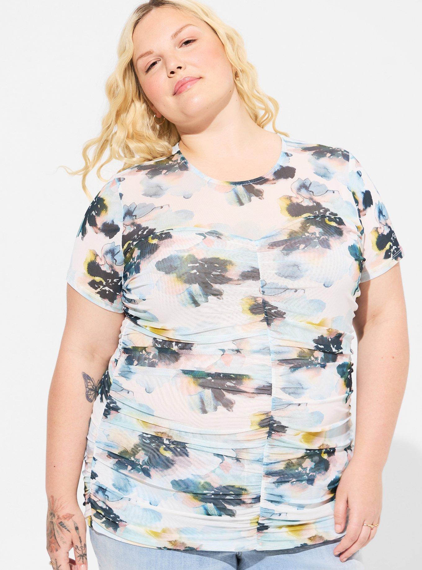 Plus Size Floral Print Short Sleeve Ruched Detailing Top