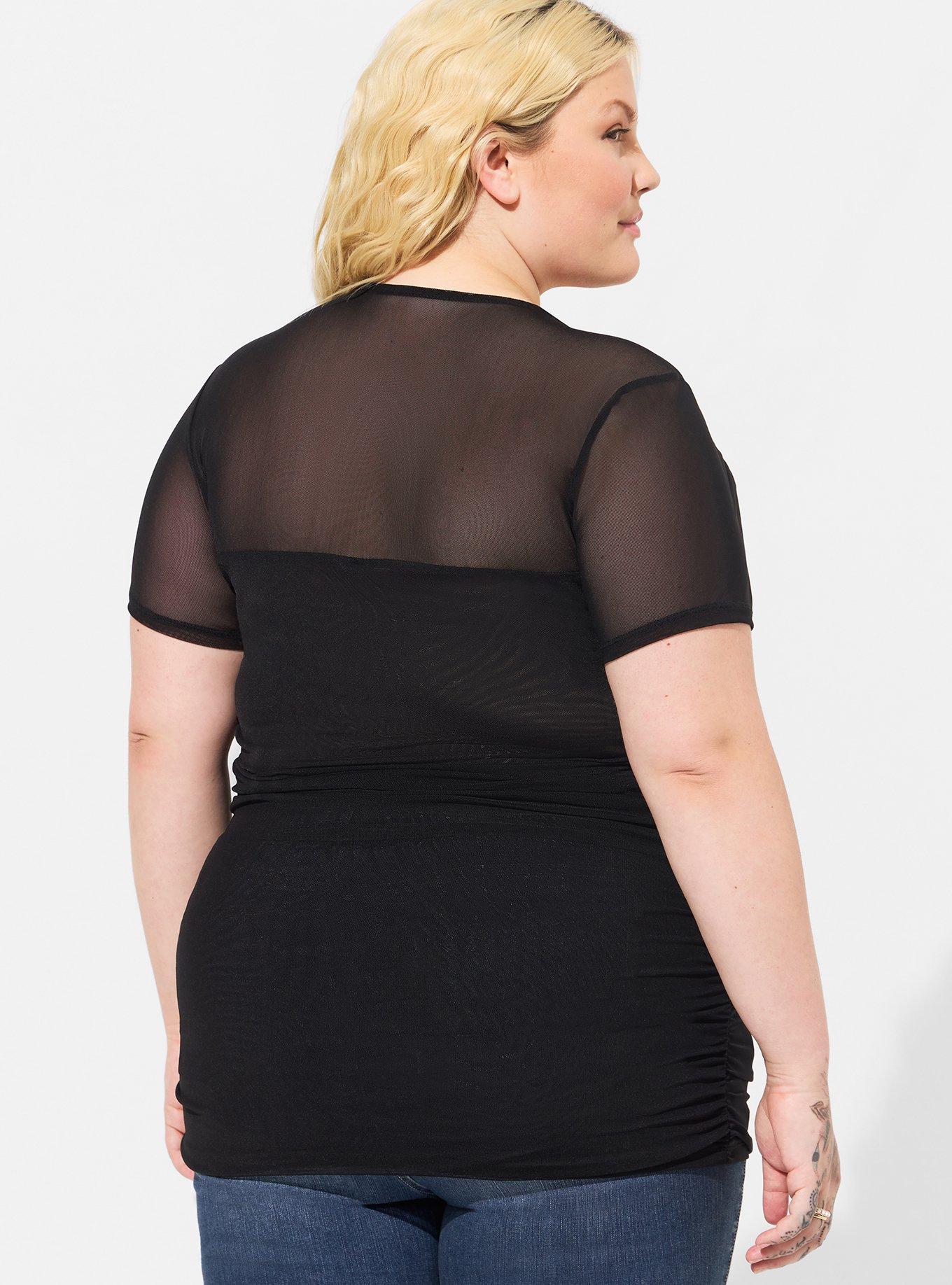 Stretch Mesh Crew Neck Ruched Top, DEEP BLACK, alternate