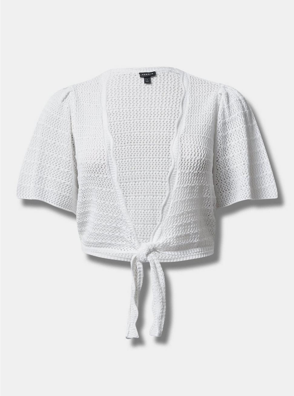 Plus Size Cardigan Tie Front Shrug Sweater, BRIGHT WHITE, hi-res