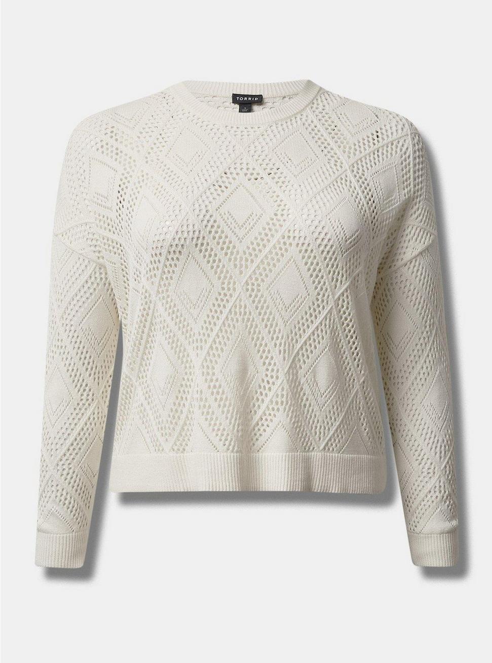 Pointelle Pullover Long Sleeve Sweater, CREAM, hi-res