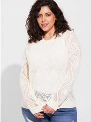 Pointelle Pullover Long Sleeve Sweater, CREAM, hi-res