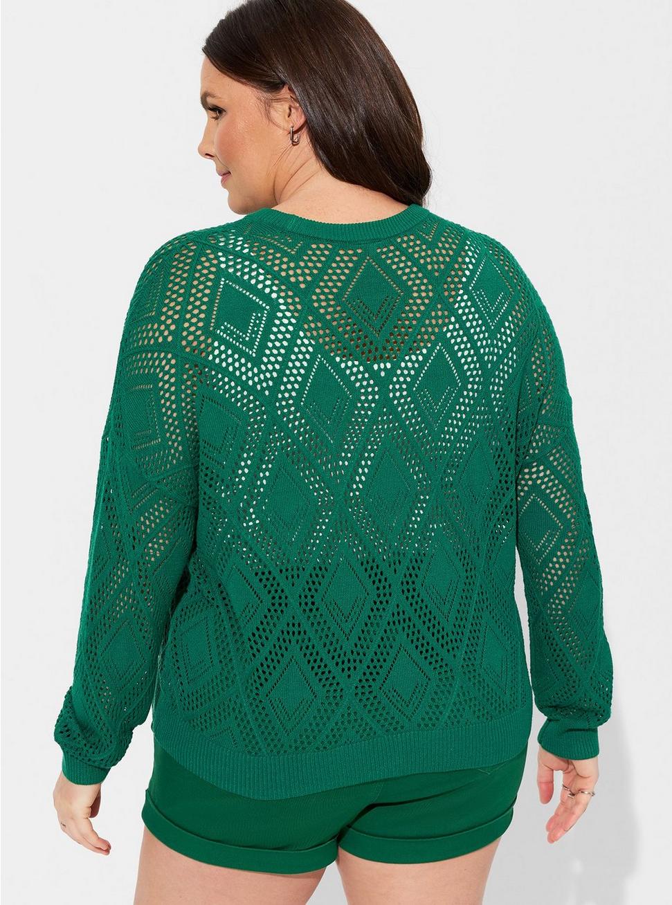 Pointelle Pullover Long Sleeve Sweater, GREEN JACKET, alternate