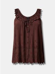 Plus Size Eyelet Ruffle Tie Front Tank Top, PUCE, hi-res