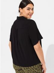 Plus Size Lizzie Rayon Slub Button Up Short Sleeve Crop Shirt, DEEP BLACK, alternate