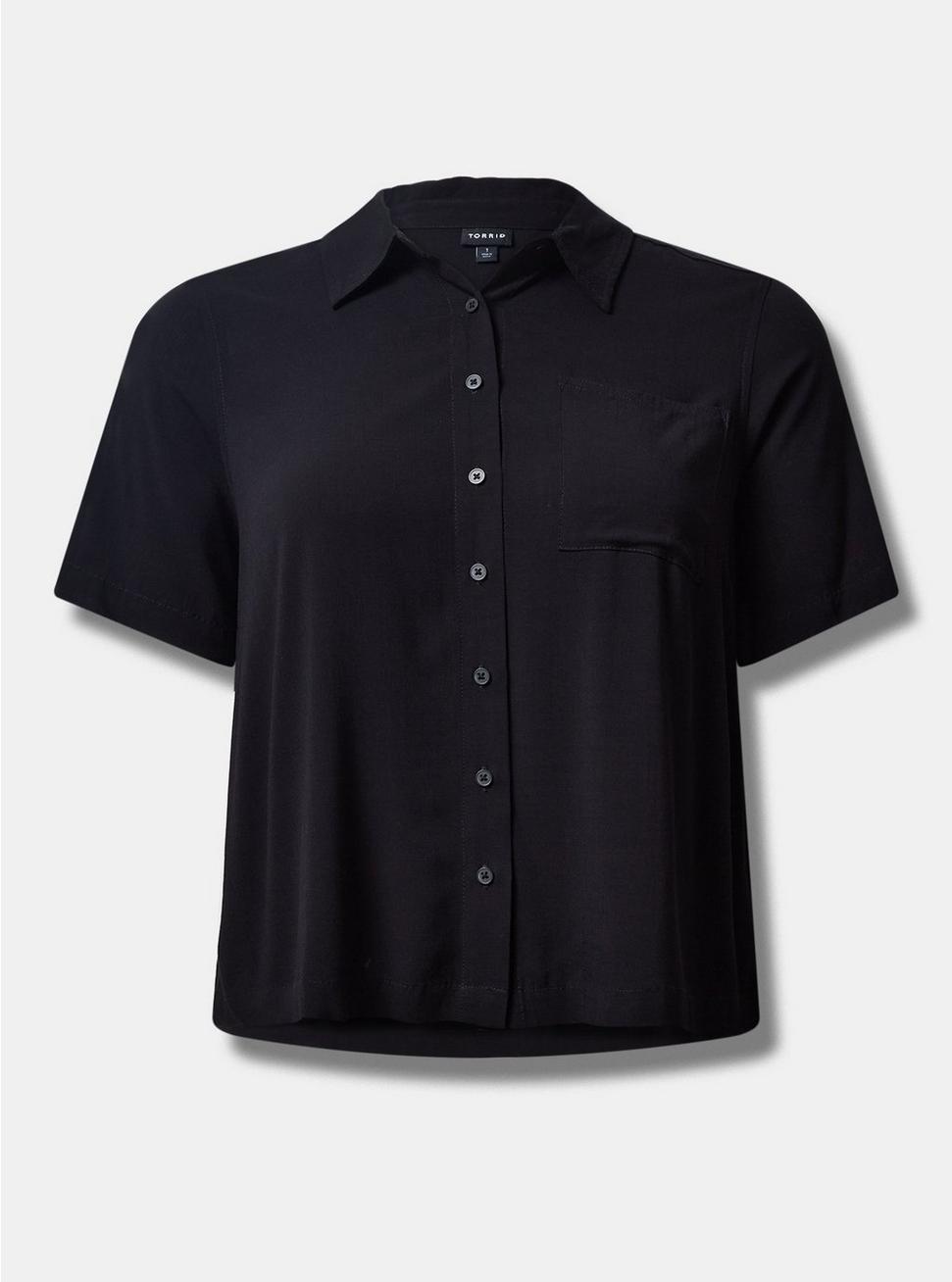 Plus Size Lizzie Rayon Slub Button Up Short Sleeve Crop Shirt, DEEP BLACK, hi-res