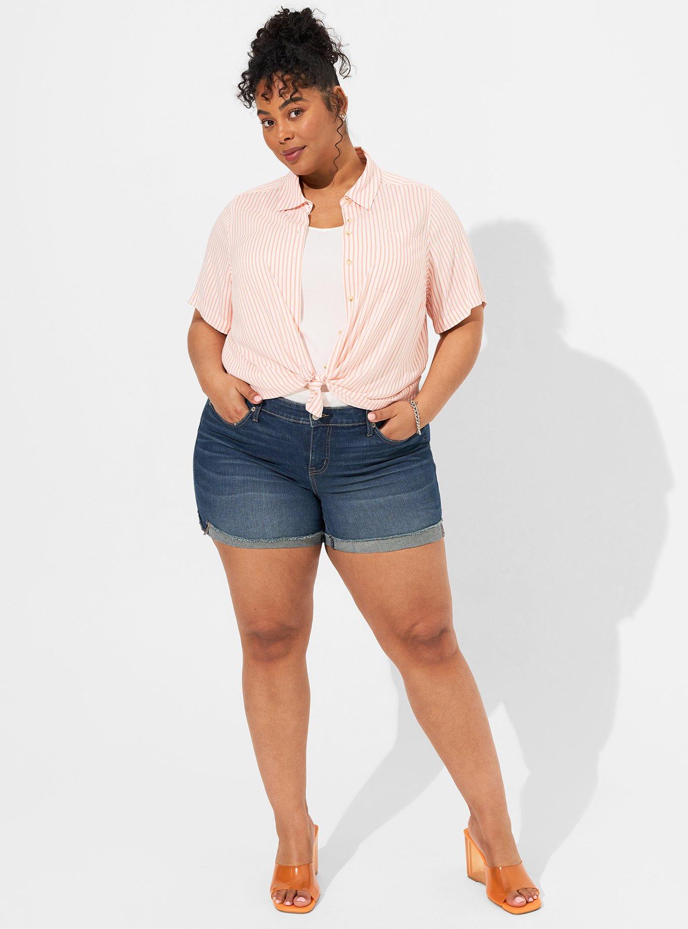Lizzie Rayon Slub Button Up Short Sleeve Crop Shirt, PAPAYA PUNCH STRIPE, alternate