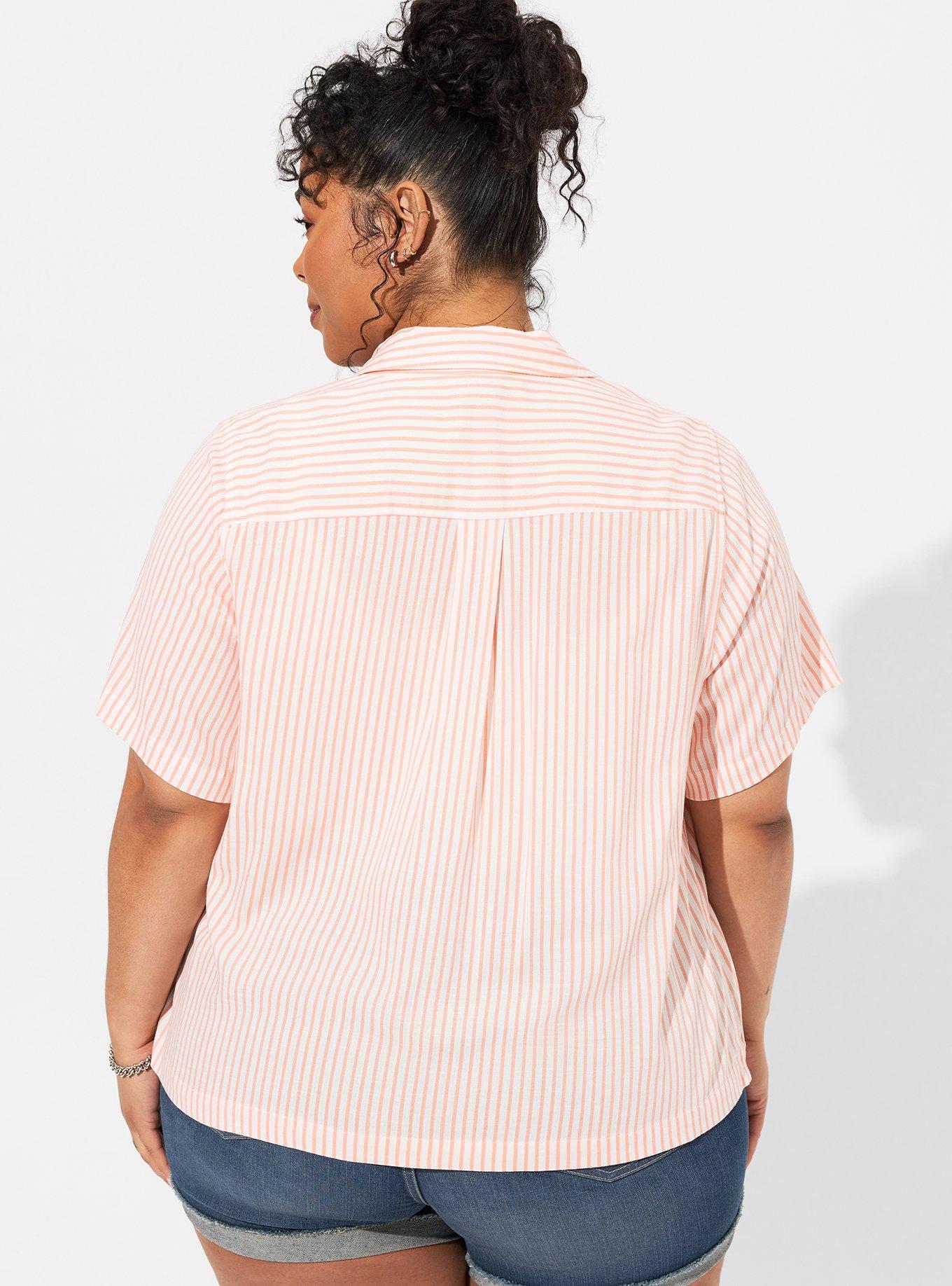 Lizzie Rayon Slub Button Up Short Sleeve Crop Shirt, PAPAYA PUNCH STRIPE, alternate