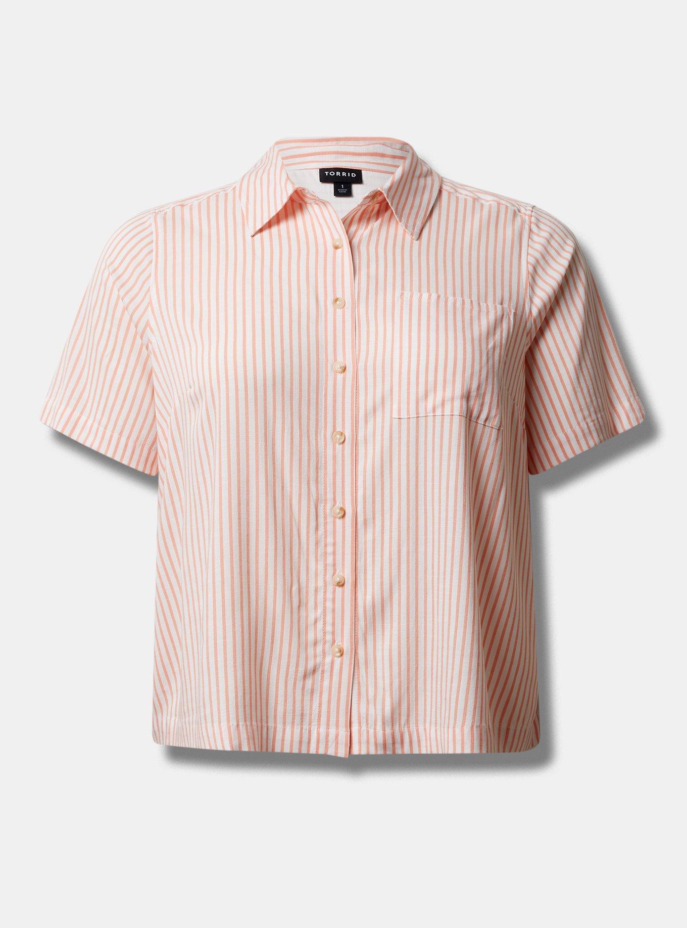 Lizzie Rayon Slub Button Up Short Sleeve Crop Shirt, PAPAYA PUNCH STRIPE, hi-res
