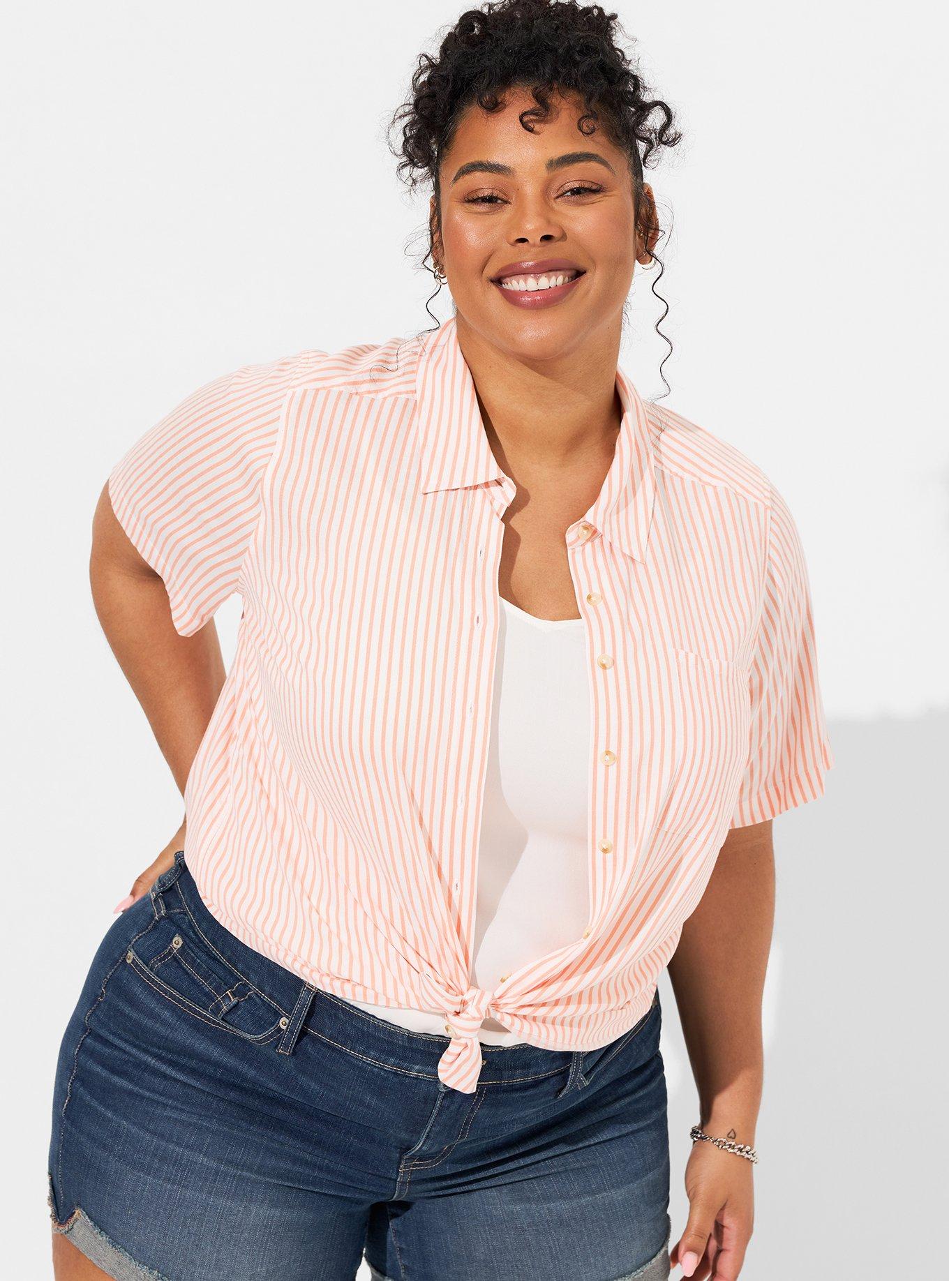 Lizzie Rayon Slub Button Up Short Sleeve Crop Shirt, PAPAYA PUNCH STRIPE, hi-res