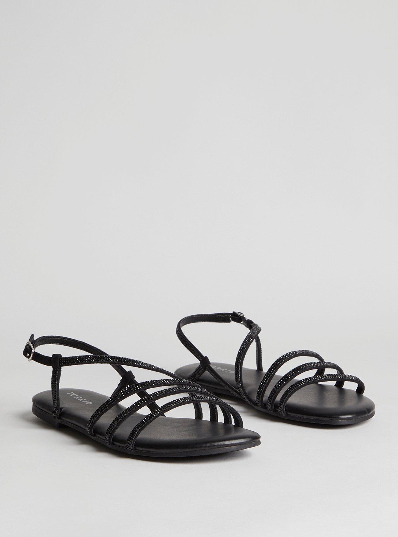 Plus Size Black Diamante Strap Sandals In Extra Wide Fit