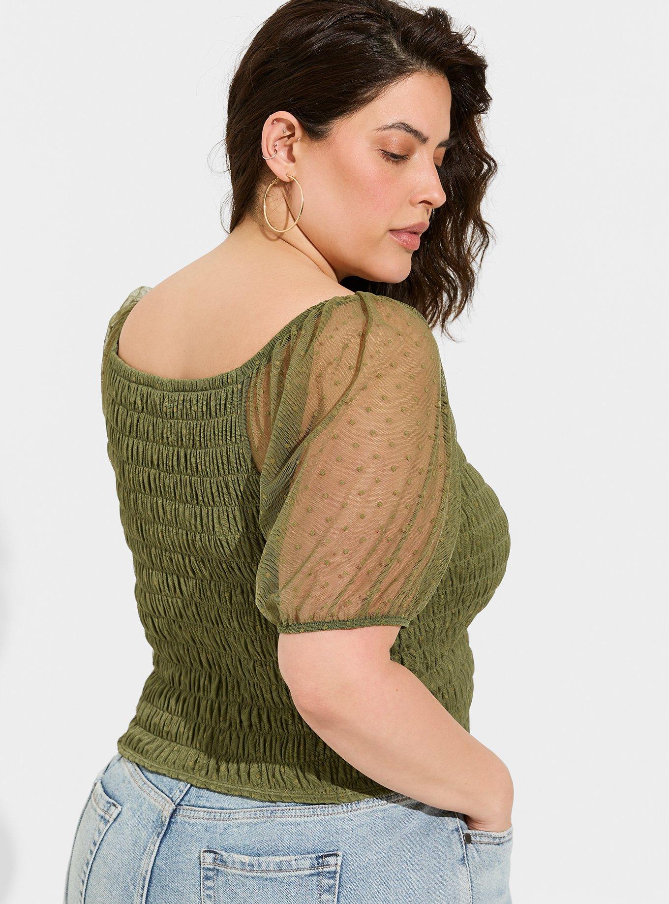 Plus Size Dot Mesh Square Neck Smocked Crop Top Torrid