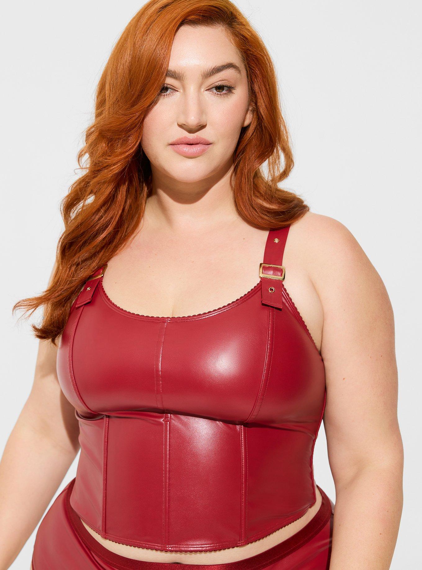LATEX BODYSUIT Underwired Bustier Corset Bra Top Stretch Faux Leather Shine  Red