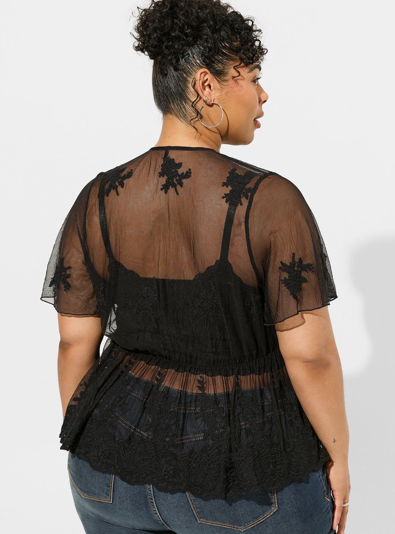 Embroidered Mesh Peplum Kimono, DEEP BLACK, alternate