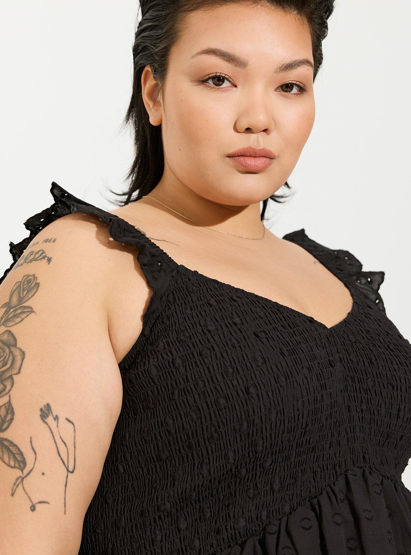 Babydoll Cotton Clip Dot Smocked Bodice Tank, DEEP BLACK, alternate