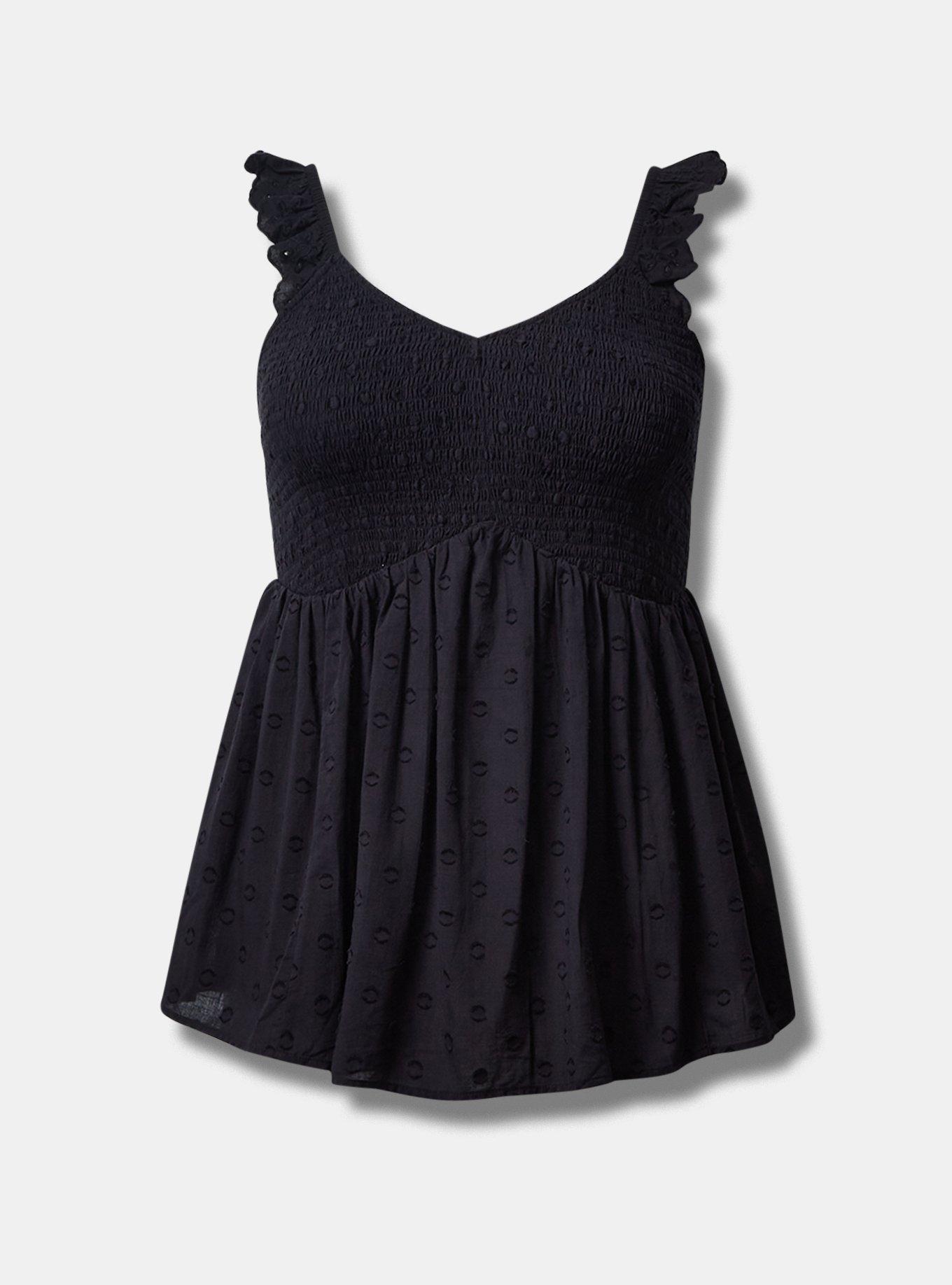 Babydoll Cotton Clip Dot Smocked Bodice Tank, DEEP BLACK, hi-res