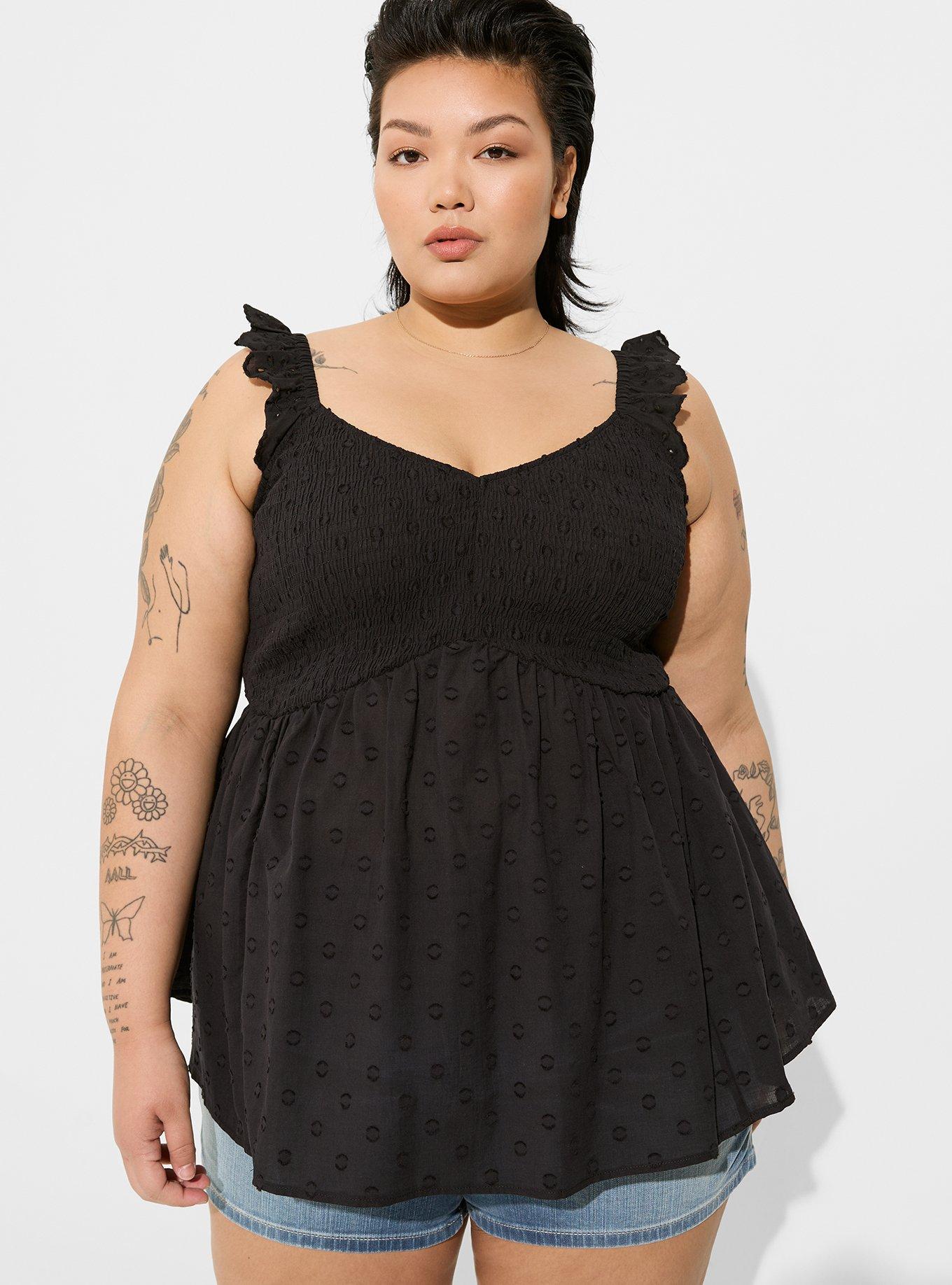 Babydoll Cotton Clip Dot Smocked Bodice Tank, DEEP BLACK, hi-res
