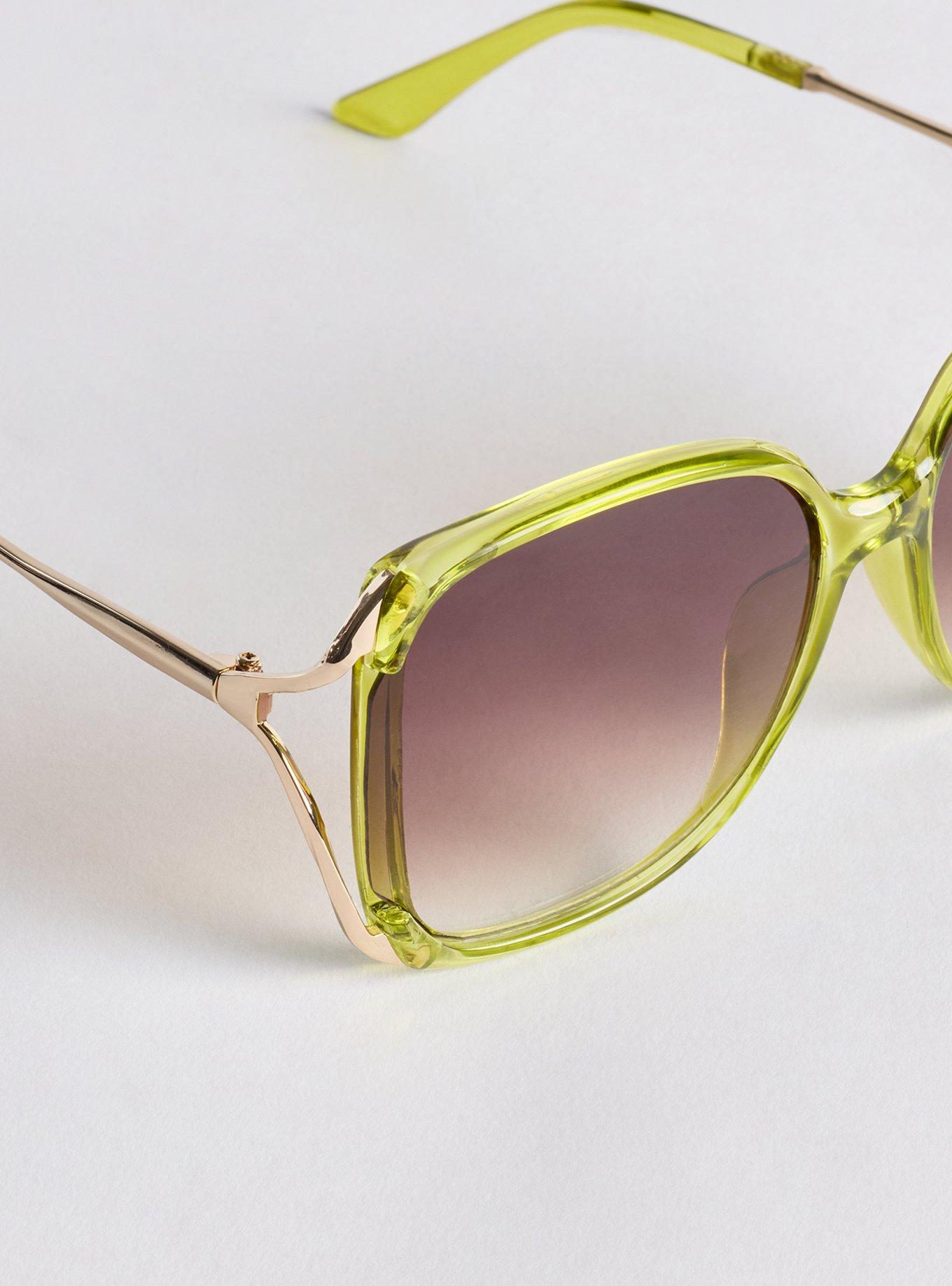 Plus Size Rectangle Side Cut-Out Ombre Sunglasses, GREEN, alternate