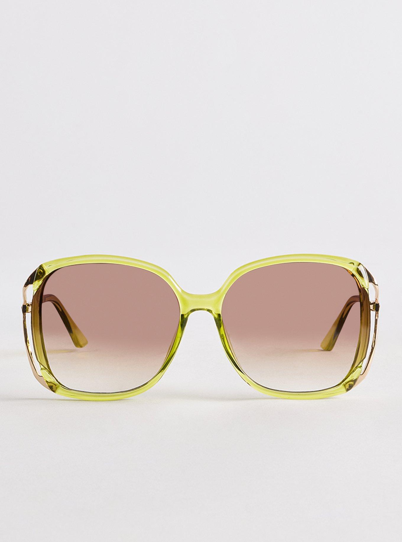 Plus Size Rectangle Side Cut-Out Ombre Sunglasses, GREEN, hi-res
