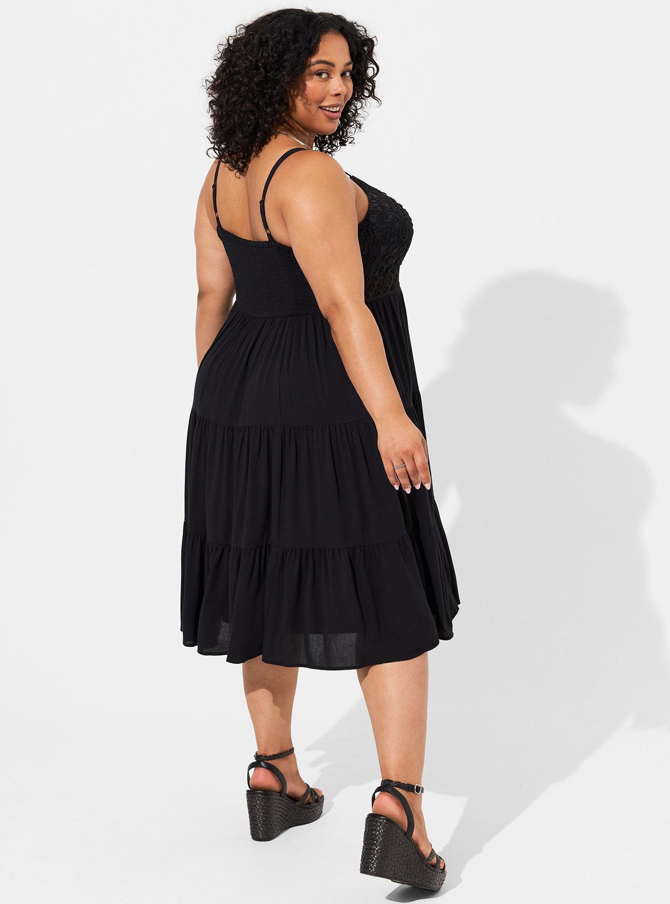 Plus Size Midi Crinkle Gauze Lace Bodice Dress, DEEP BLACK, alternate