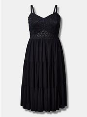 Midi Crinkle Gauze Lace Bodice Dress, DEEP BLACK, hi-res