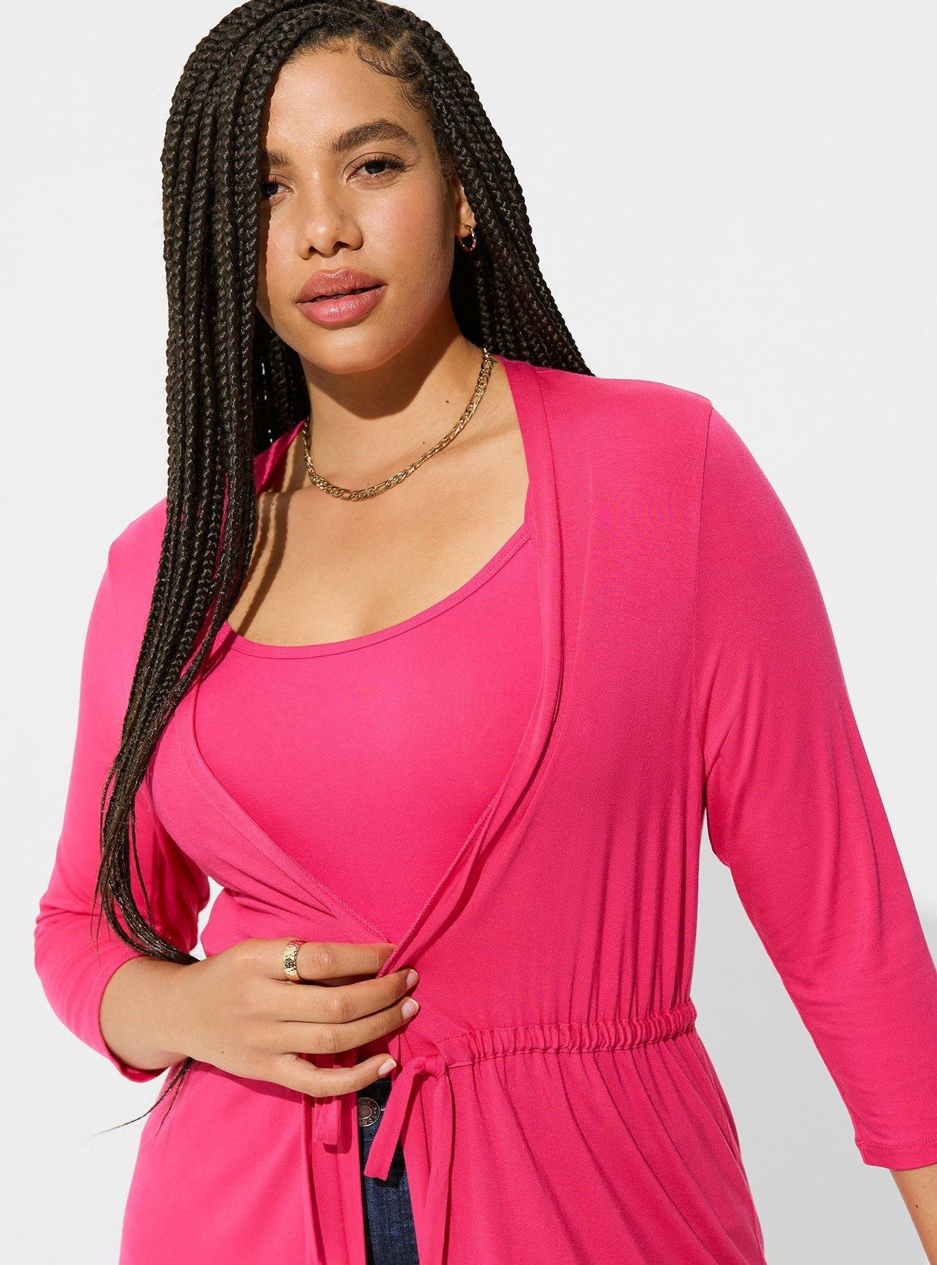 Super Soft Cardigan 3/4 Sleeve Tie Front, PINK PEACOCK, alternate