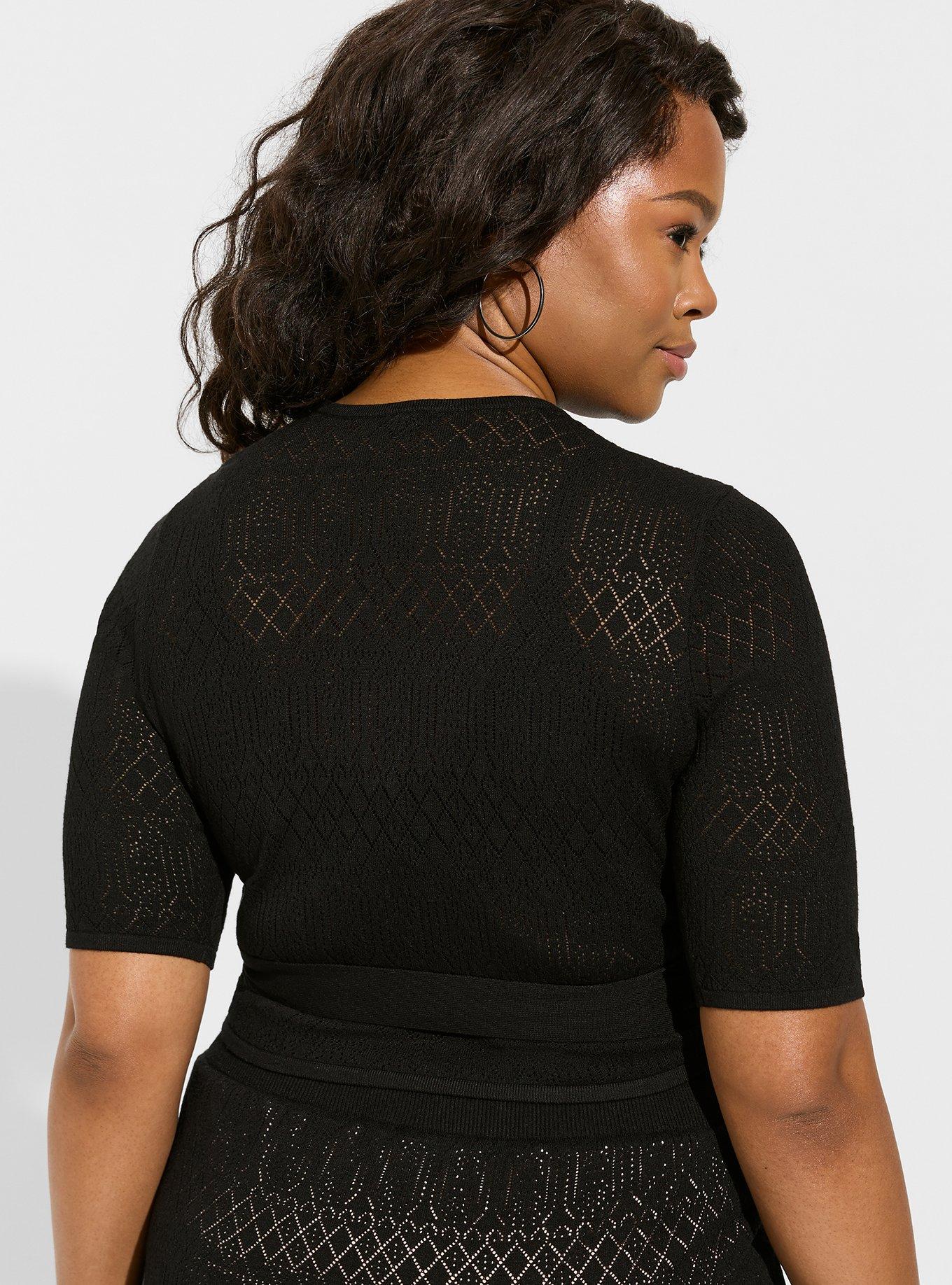Pointelle Cardigan Tie Wrap Cropped Sweater, DEEP BLACK, alternate