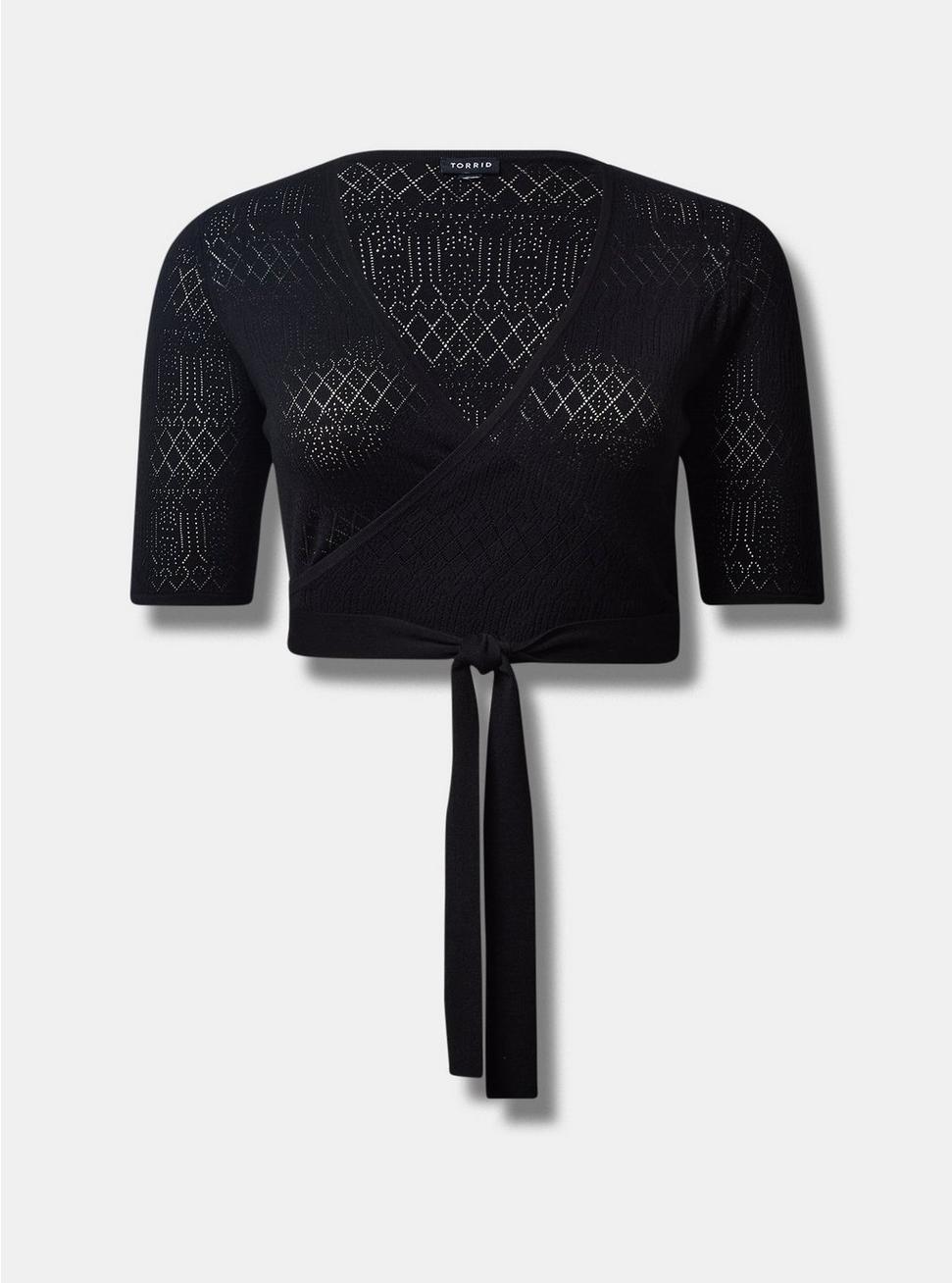 Pointelle Cardigan Tie Wrap Cropped Sweater, DEEP BLACK, hi-res