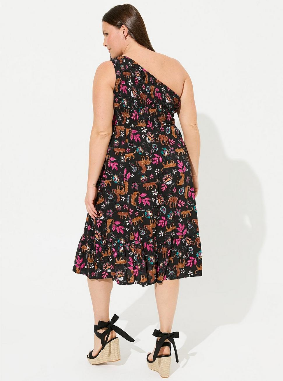 Plus Size Midi Challis One-Shoulder Dress, LEOPARD LEAVES DEEP BLACK, alternate