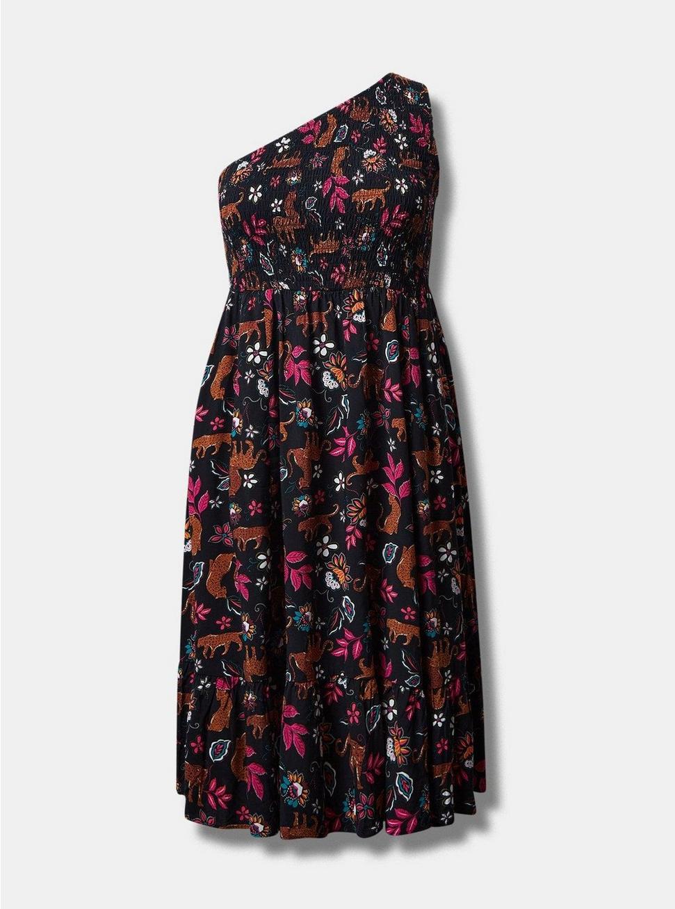 Plus Size Midi Challis One-Shoulder Dress, LEOPARD LEAVES DEEP BLACK, hi-res