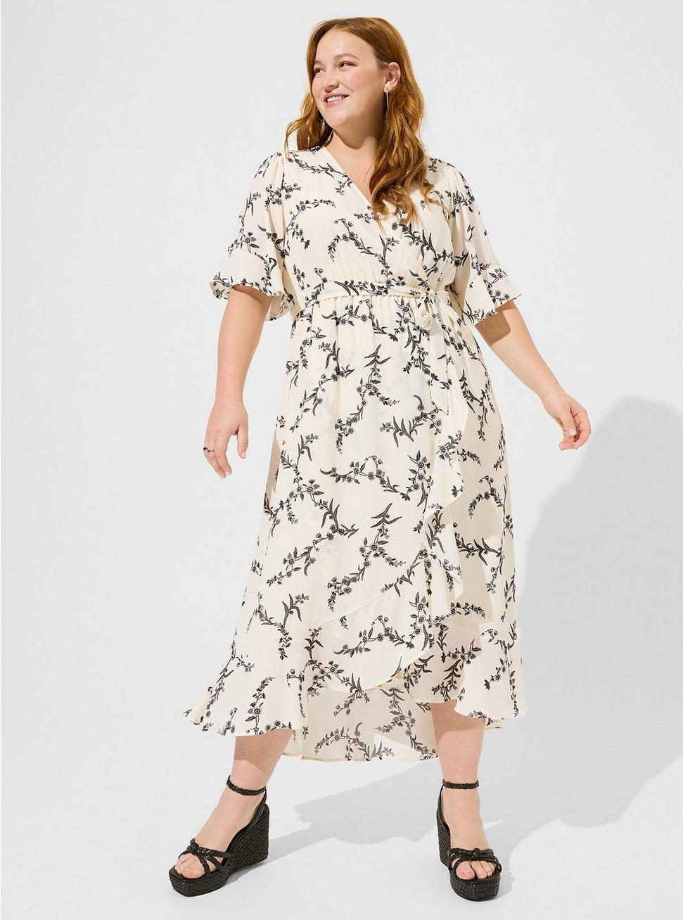 Plus Size Maxi Georgette Surplice Ruffle Hi-Low Dress, FLORAL - WHITE, hi-res