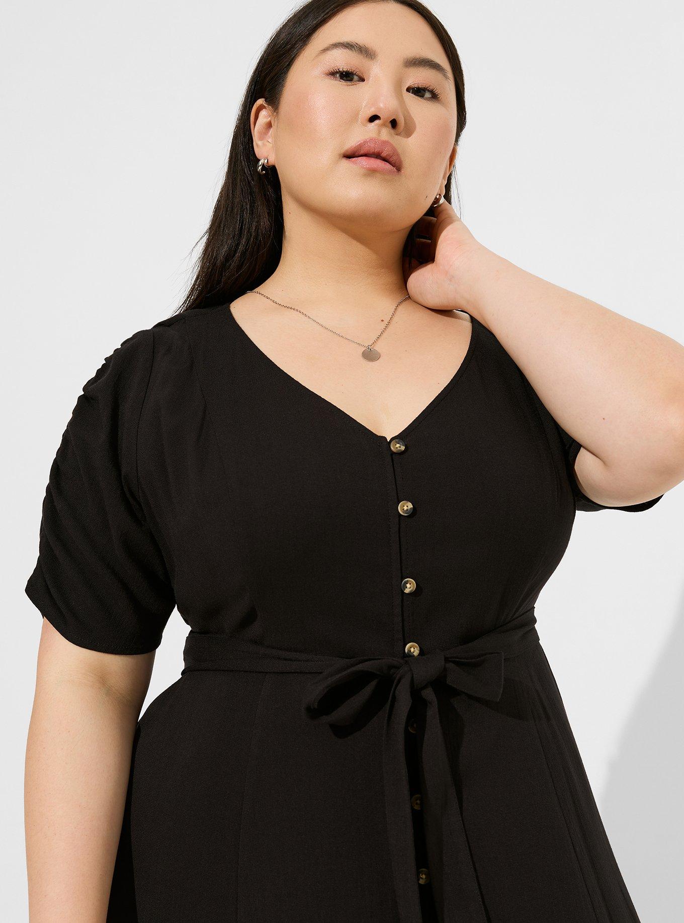 Midi Rayon Slub Button Front Tie Dress