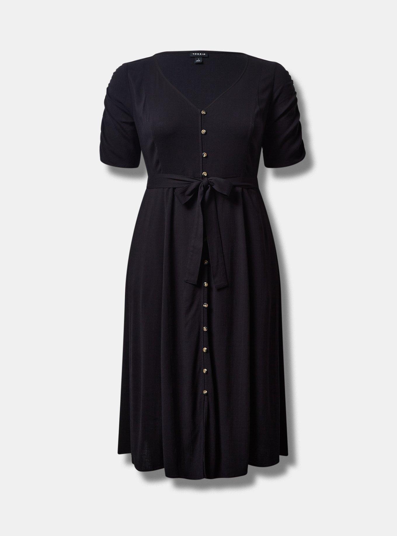 Midi Rayon Slub Button Front Tie Dress