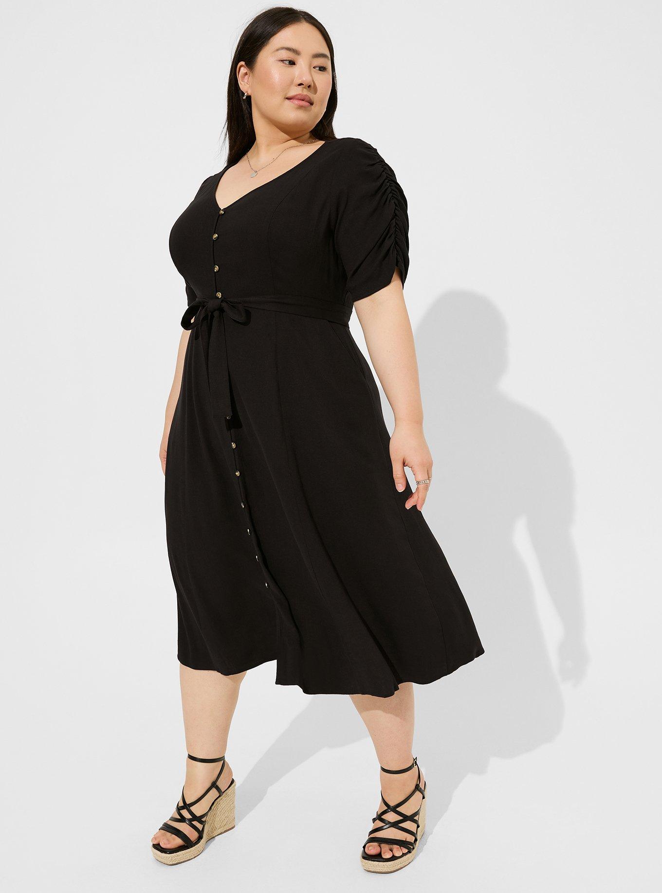 Midi Rayon Slub Button Front Tie Dress