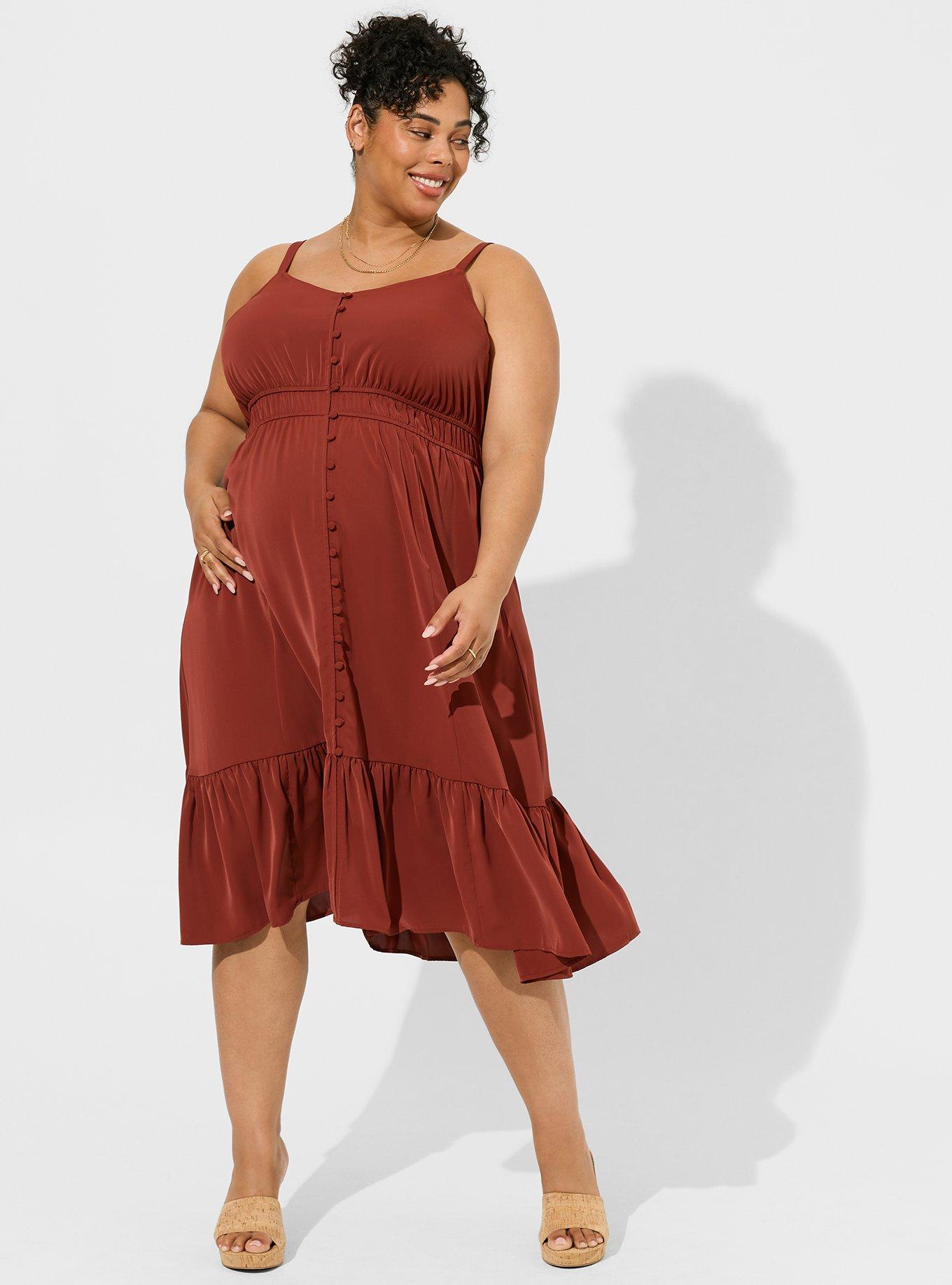 Plus Size - Midi Studio Crepe de Chine Lace Trim Button Front