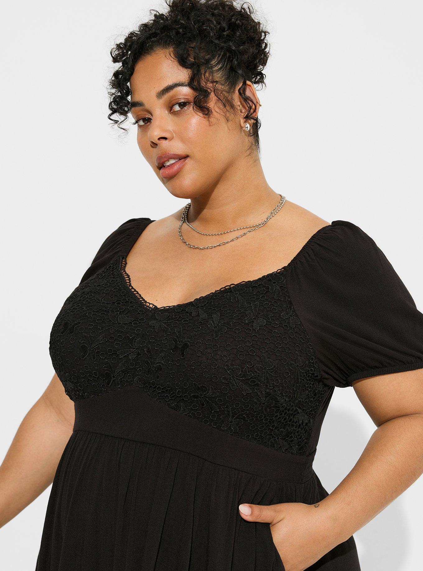 Plus Size - Mini Rayon Slub Balloon Sleeve Lace Inset Dress - Torrid